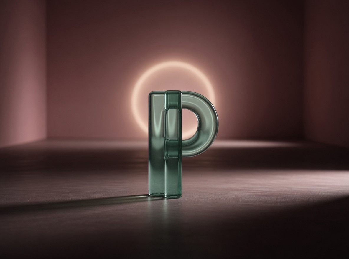 Glass P facing away in a dark pink room